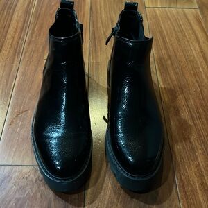 Black patent booties lug sole